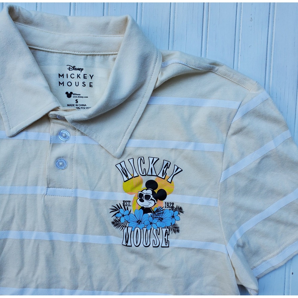 Disney Mickey Mouse Mens Striped Polo Shirt‎ Yellow White Tropical Graphic Small